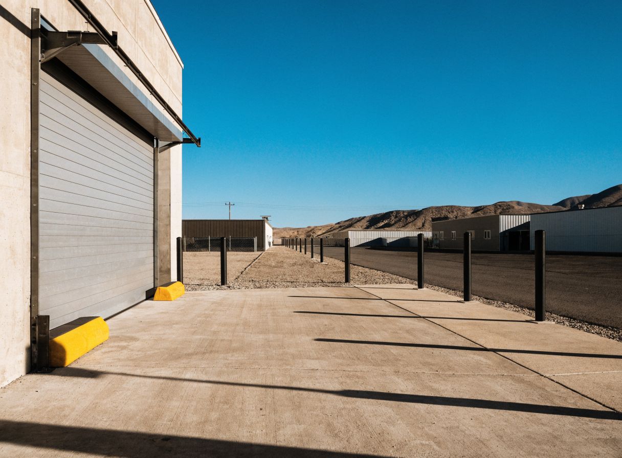 Rolling steel commercial garage door at a warehouse loading dock