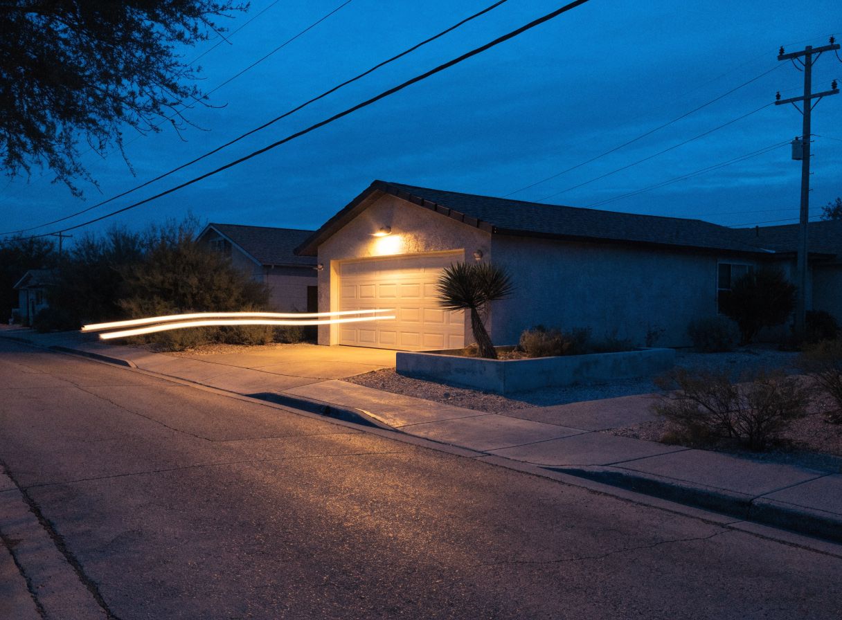 Garage door and driveway lit at night by a work light