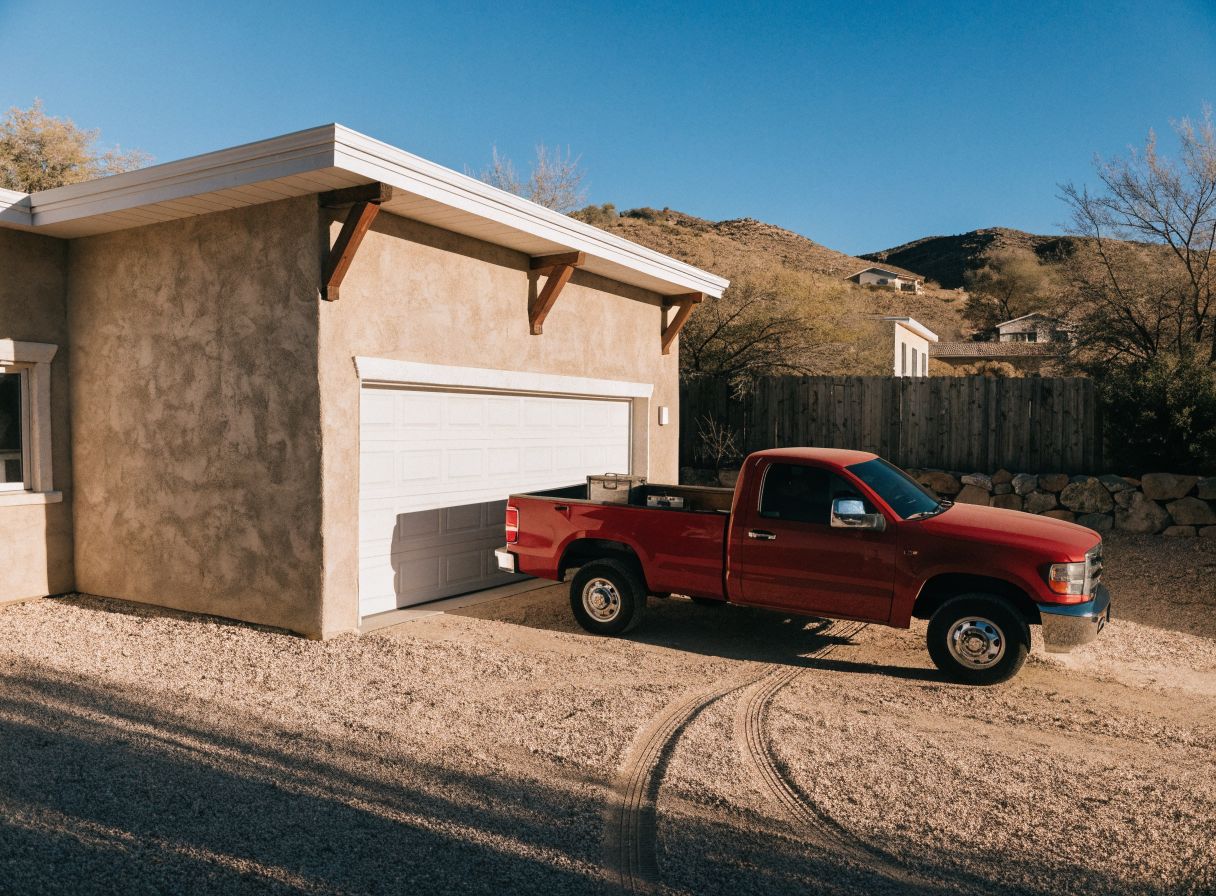 Red work truck parked in a driveway outside a garage in a desert suburb
