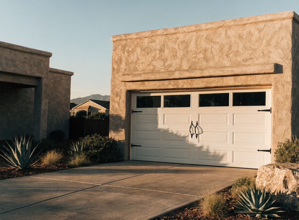 Newly installed raised-panel garage door on a home's exterior