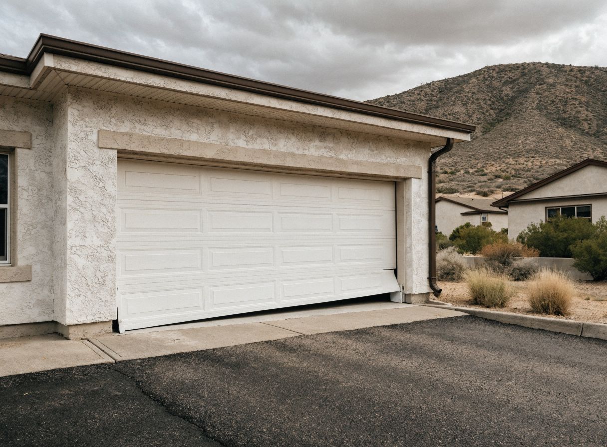 Garage door track and roller assembly, with the door sitting off-track