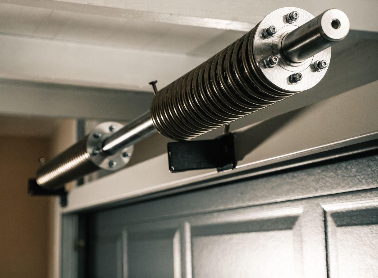 Close-up of a torsion spring assembly mounted above a garage door