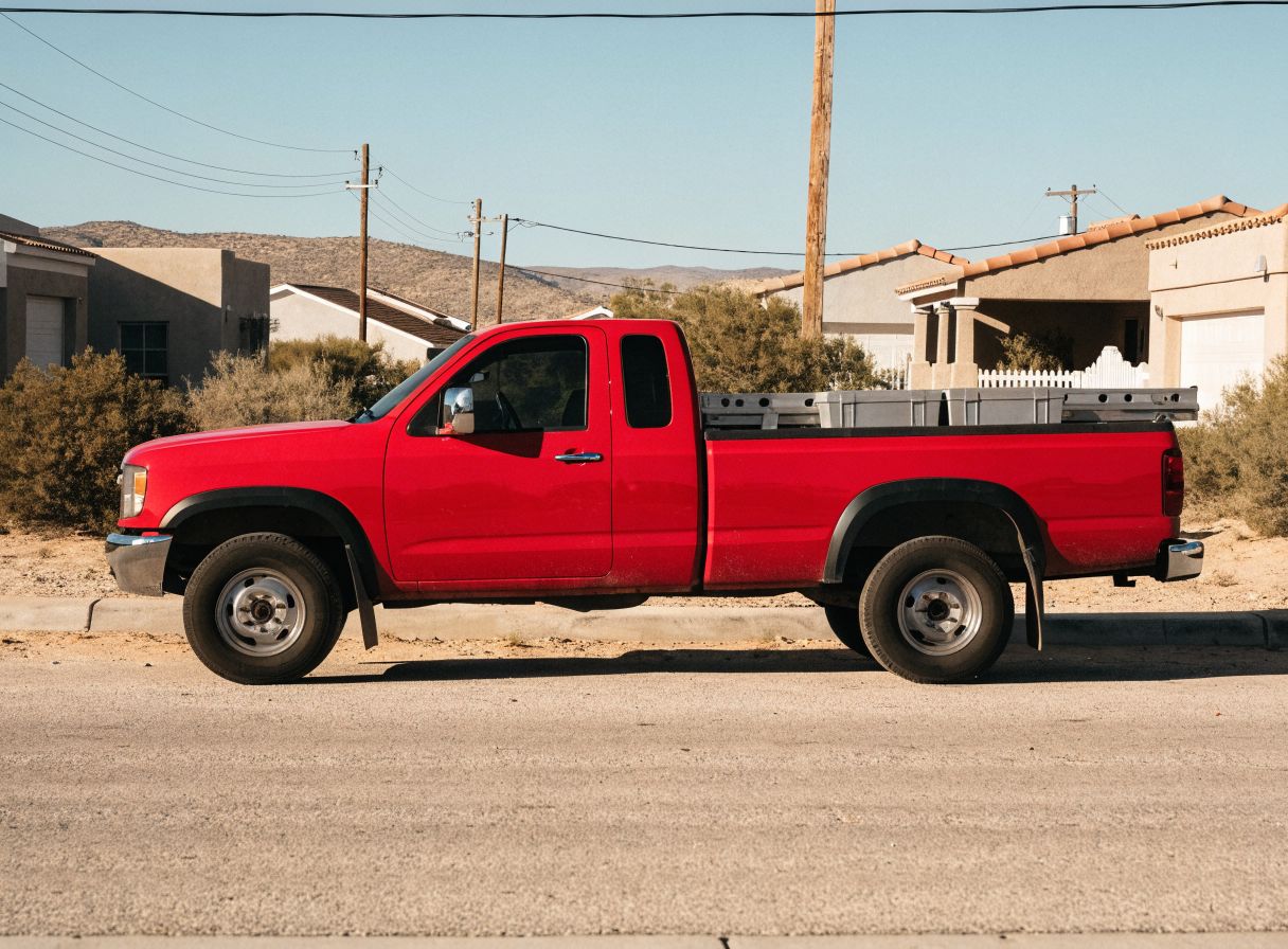 Side view of a red work truck parked on a residential street